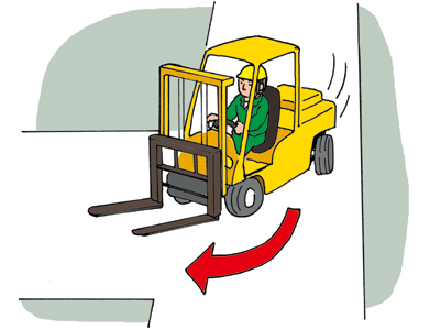 T字路を曲がる黄色いフォークリフトのイラスト画像