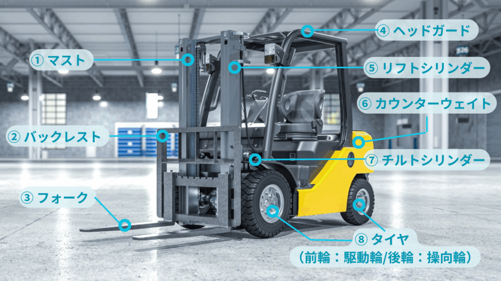 フォークリフトの各部名称を紹介している画像