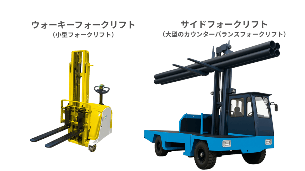 黄色いウォーキーフォークリフトと青いサイドフォークリフトの画像