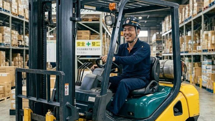 フォークリフトで作業中の男性スタッフの画像