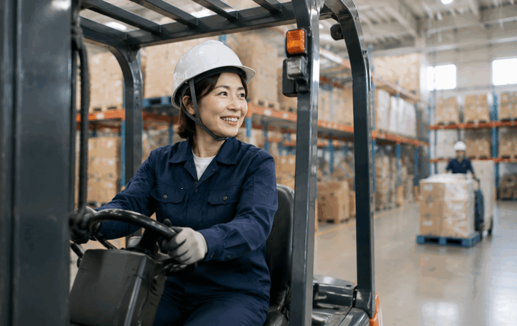 倉庫内作業でフォークリフトを運転する女性作業員の画像